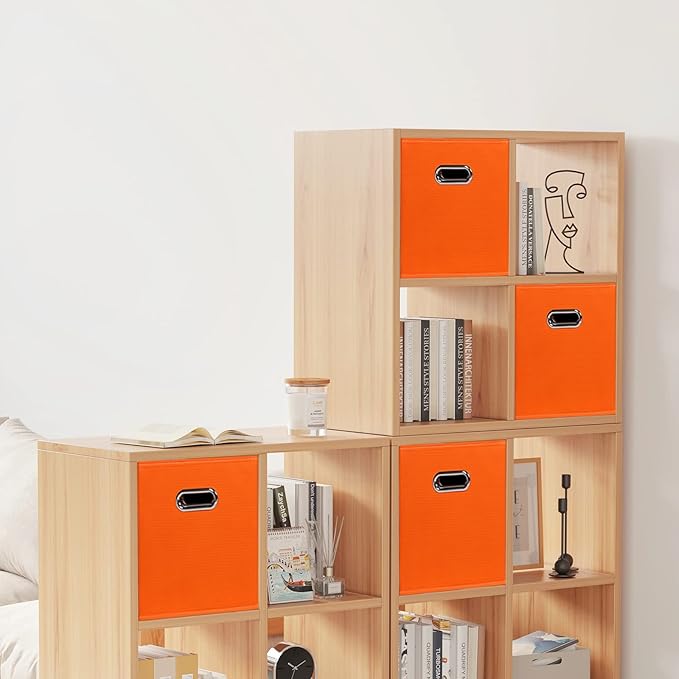 Fabric Cloth Storage Bins,Fabric Cube Bins Organizer with Dual Handles Foldable Cube Storage Baskets for Home Bedroom Storage,Set of 6,(Orange)
