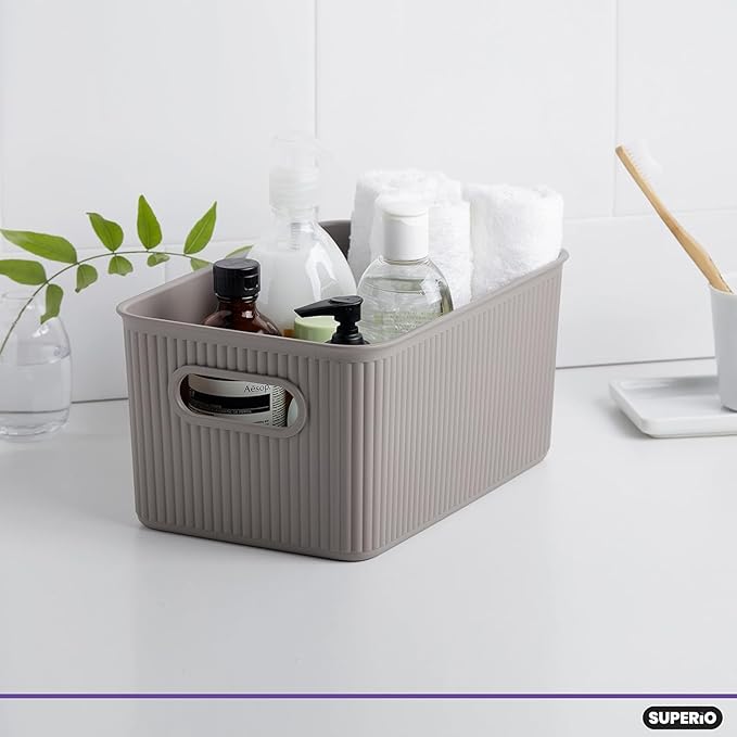 Decorative Plastic Basket Open Home Storage Bins Organizer Baskets, Medium Taupe (6 Pack) Container Boxes for Organizing Closet Storage Bins for Shelves Drawer Shelf - Ribbed Collection 5 Liter