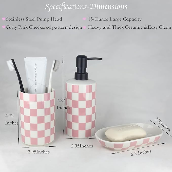 Pink Bathroom Toothbrush holder set, Cute Ceramic Bathroom Accessories, Includes Hand Soap Dispenser, Tooth Brush Holder, and Soap Dish, Funny Bathroom Accessories sets for Girls Woman Guest Bathrooms