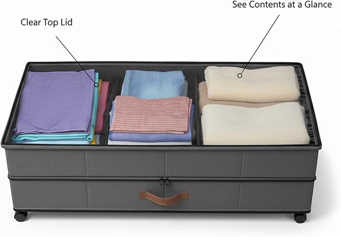 Under Bed Storage with Wheels, 72L XXL Large Capacity Under bed Storage Container with Clear Lids, 11 inches Height UnderBed Shoe Bins for Blanket, Clothing, Comforter, Sweaters, Pillows