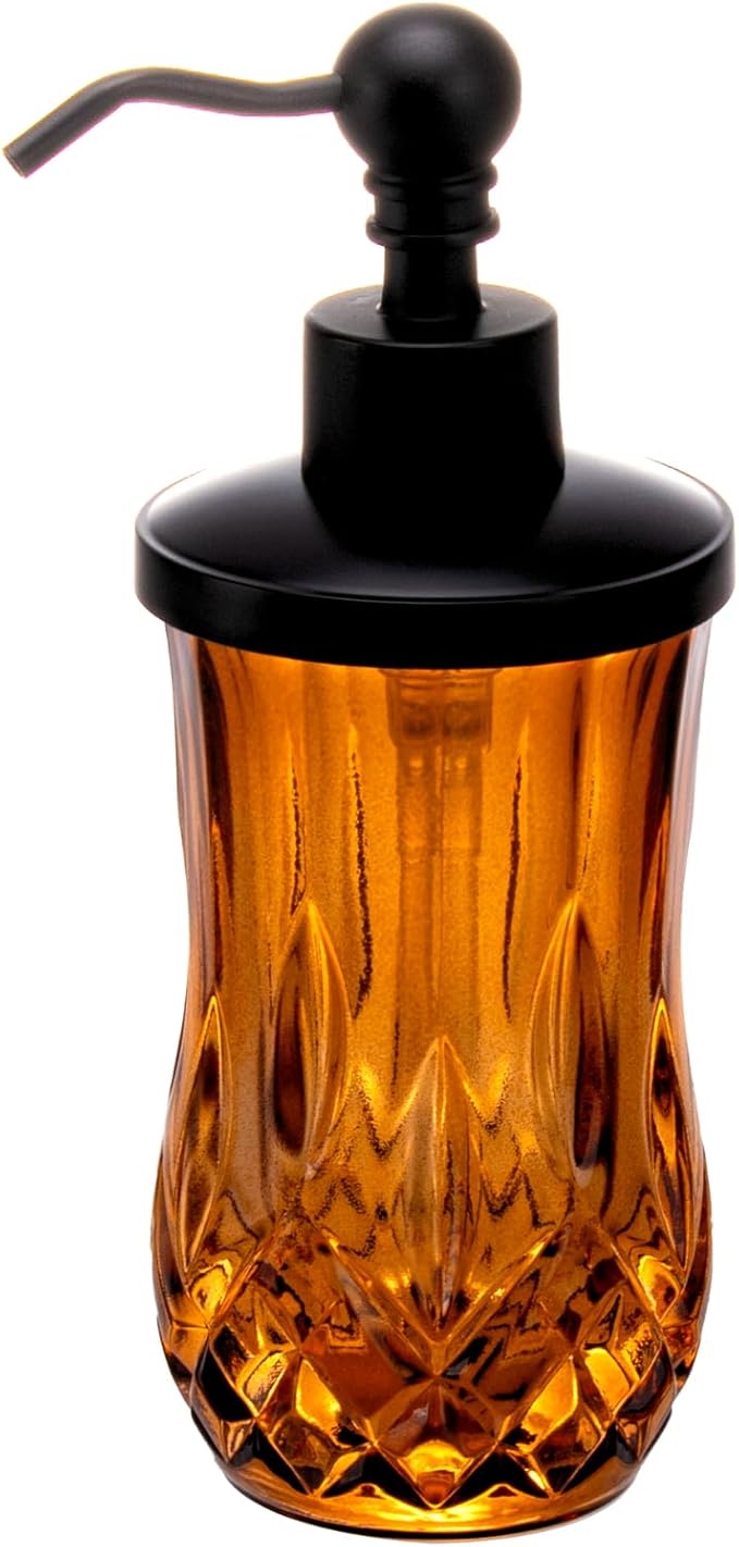 9Oz Amber Glass Soap Dispenser with Matte Black Zinc Alloy Pump,Lead-Free Thick-Cut Glass,Countertop Soap Dispensers for Bathroom & Kitchen,Round