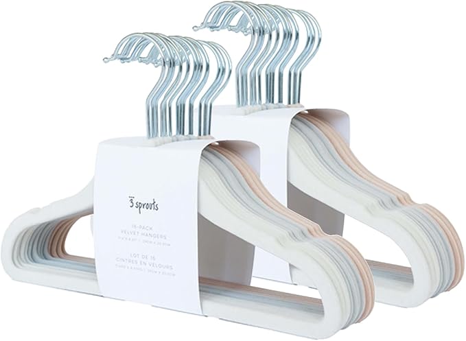 3 Sprouts Velvet Baby Hangers - Non-Slip Hanger for Infant, Toddler, Baby Clothes - Closet Kids Hangers with Slim Design, Nordic Colors, Pack of 30 - Assorted Cream, Grey, Hazelnut
