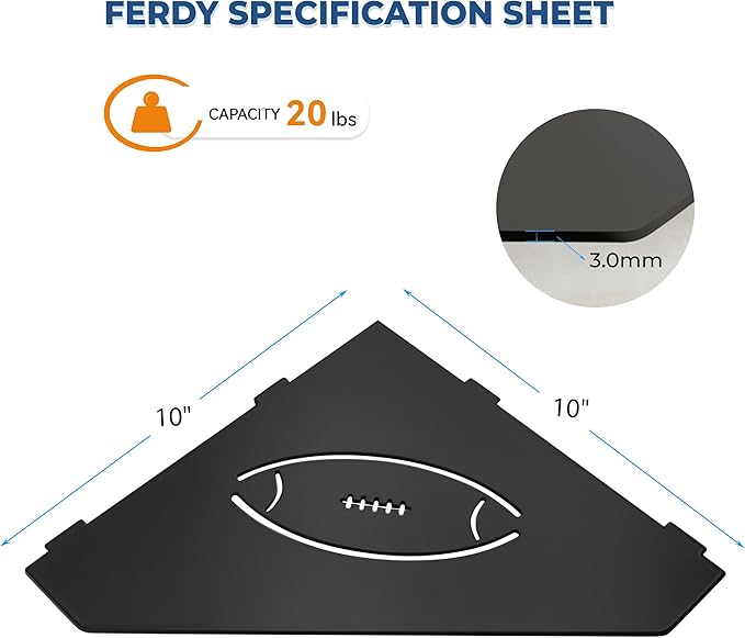 FerdY 2-Pack 10" Matte Black Recessed Corner Shower Shelf, for Tiled Bathroom Walls, Floating Shelf, 304 Stainless Steel Shower Caddy Storage Shelves, No Drilling Required, Rugby Diamond
