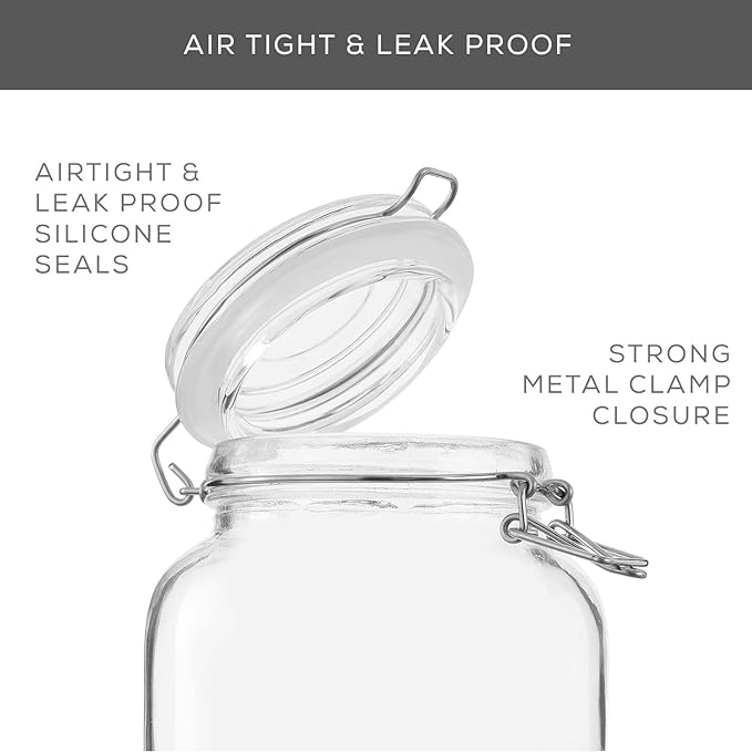 Airtight Glass Jars with Lids Set of 3. 78oz Glass Jar with Lid and 6 Silicone Seals! Large Glass Food Storage Containers. Square Mason Jar for Candy, Flour, Pasta Containers for Pantry