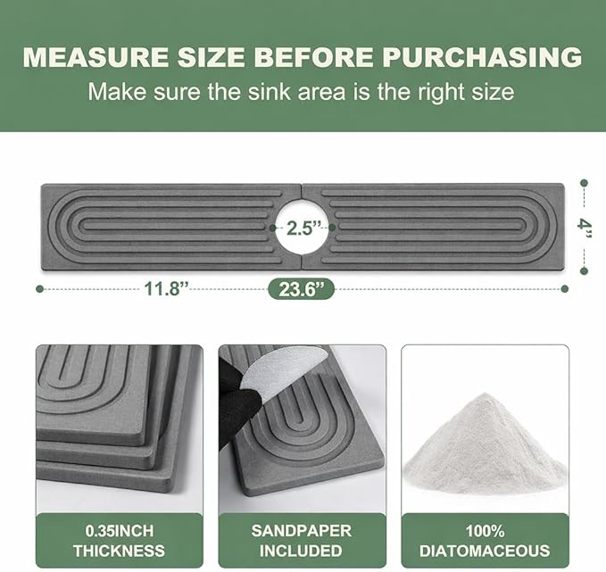 Meiliweser Faucet Mat for Kitchen Sink, Diatomite Quick Drying Stone Mat & Sink Protector, 23.6" x 4" Kitchen Sink Splash Guard, Absorbing Stone Tray for Bathroom Counter (Dark Gray)