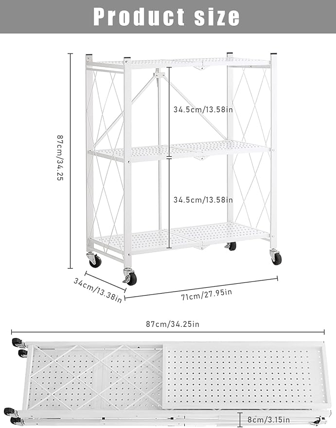 Lanstics 3-Tier Foldable Standing Shelf Units with Wheels, Industrial Style, Heavy Duty Metal Storage Shelves for Home, Kitchen, Bedroom