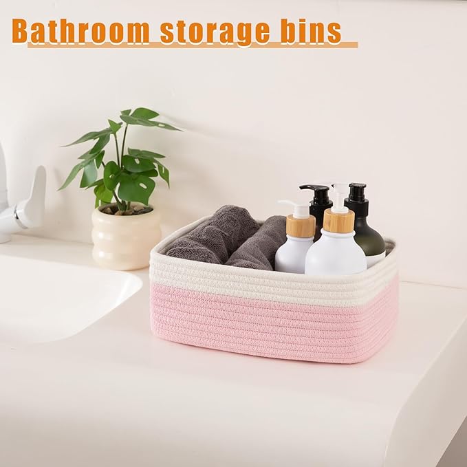 OIAHOMY 4 Pack Storage Baskets for Organizing, Small Bins for Shelves, Cute Decorative Storage Bins, Organizer Baskets for Gifts Empty, 11.8''Lx7.8''Wx4.7''H, Pink/White