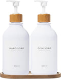 MaisoNovo Soap Dispenser Bathroom Set of 2-16.9 oz Bathroom Soap Dispenser Set - White Plastic Bottles x 2 with White Bamboo Pumps & Tray
