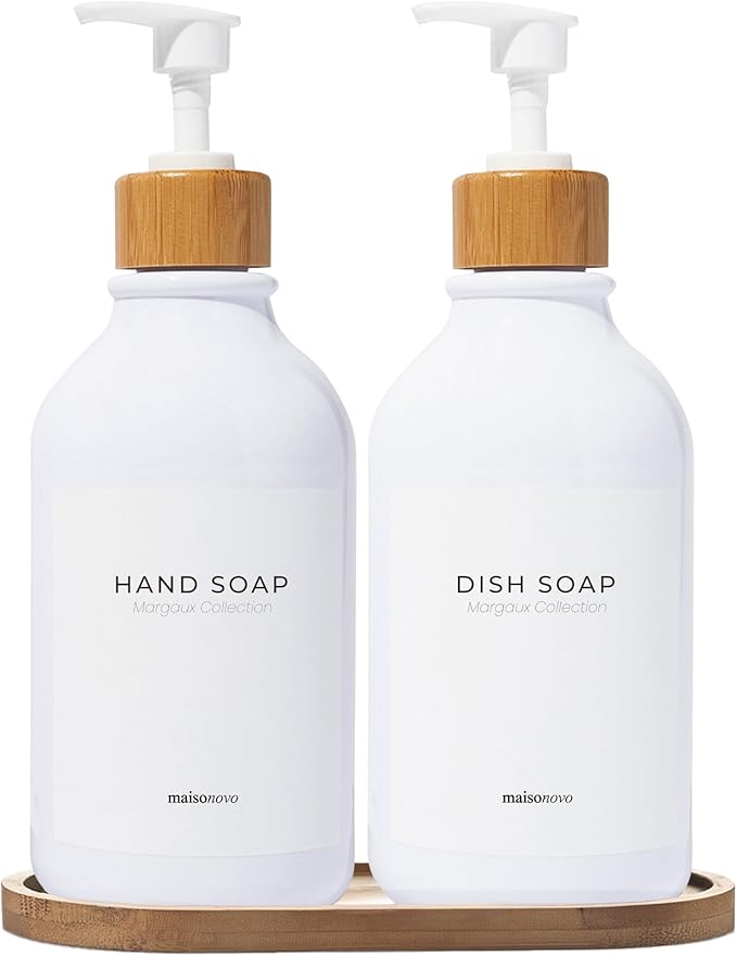 MaisoNovo Soap Dispenser Bathroom Set of 2-16.9 oz Bathroom Soap Dispenser Set - White Plastic Bottles x 2 with White Bamboo Pumps & Tray