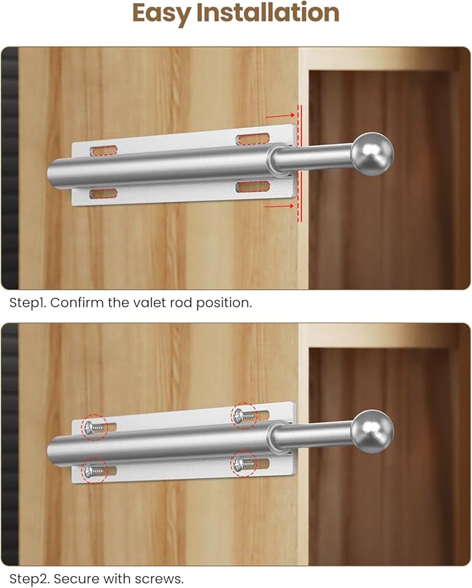 Valet Rod for Closet Pull Out, Retractable Slide Out Valet Rod Closet Organization, 12" Aluminum Valet Clothing Hanger Rods Perfect for Suits, Freshly Pressed Clothes, Matte Silver