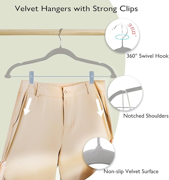ManGotree Pants Hangers with Movable Clips, Non-Slip Velvet Skirt Hangers, Space-Saving Clothes Hangers for Pants, Skirts, Shirts, Coats, Dresses (18 Pack, Grey)