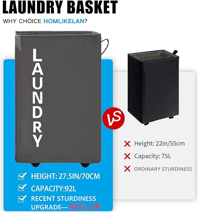 92L Extra Large Laundry Hamper with Leather Handle,Standable Laundry Basket with Wheels Laundry Hamper on Wheels,Large Hamper,Rolling Laundry Basket Grey