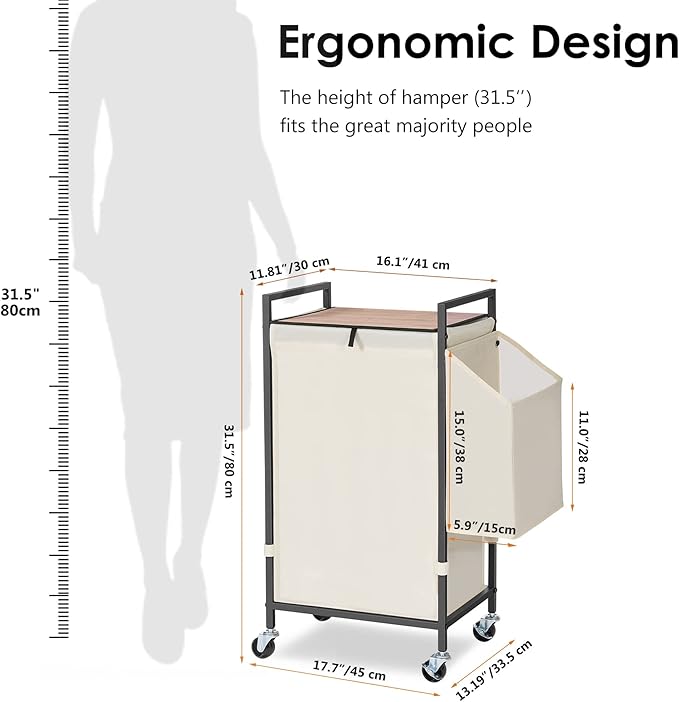 Laundry Hamper with Rustic Brown Lid & Wheels; 96L Large Rolling Laundry Basket with Removable Oxford Liner Bag; Tall Freestanding Dirty Clothes Hamper with Side Pocket; Metal Frame Laundry Cart
