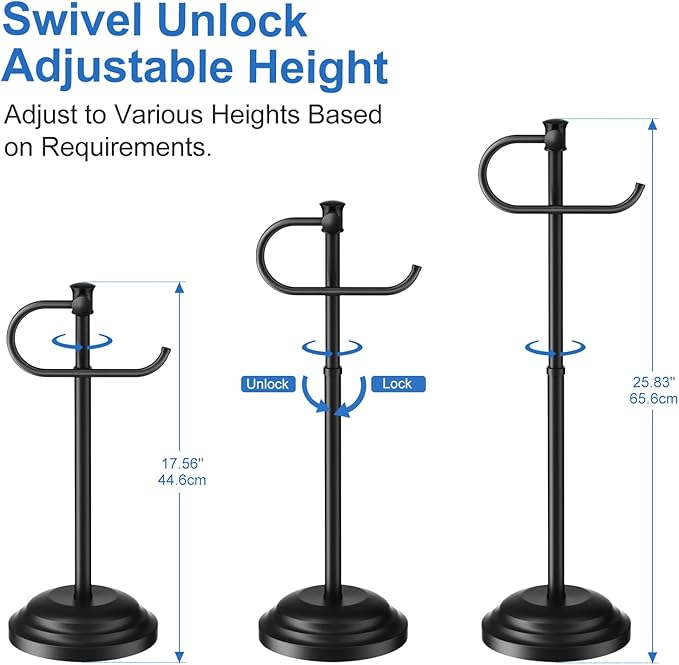 RUMOSE Toilet Paper Holder Stand for Floor, Matte Black Bathroom Free Standing Toilet Tissue Roll Holder with Storage, Adjustable 17-25 Inch, SUS304 Stainless Steel
