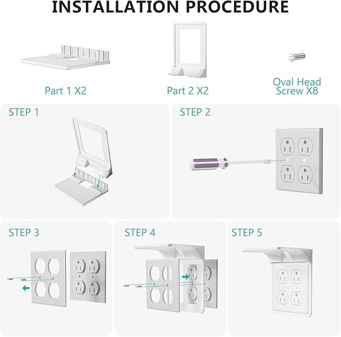 WALI Double Outlet Shelf Wall Holder – Bathroom Shelf Duplex for Electric Toothbrush, HomePod Mini, Echo Dot & Phone Charging – White-2 Packs (DLS002)