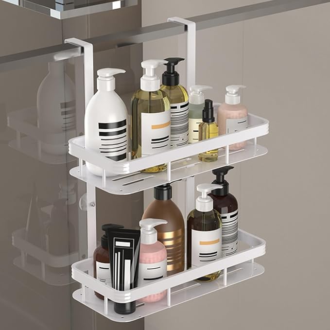Over Door Shower Caddy, White Rustproof Bathroom Organizer, 2-Tier Storage Rack, 11.81x5.31 Inch Shelves, No Drilling Required