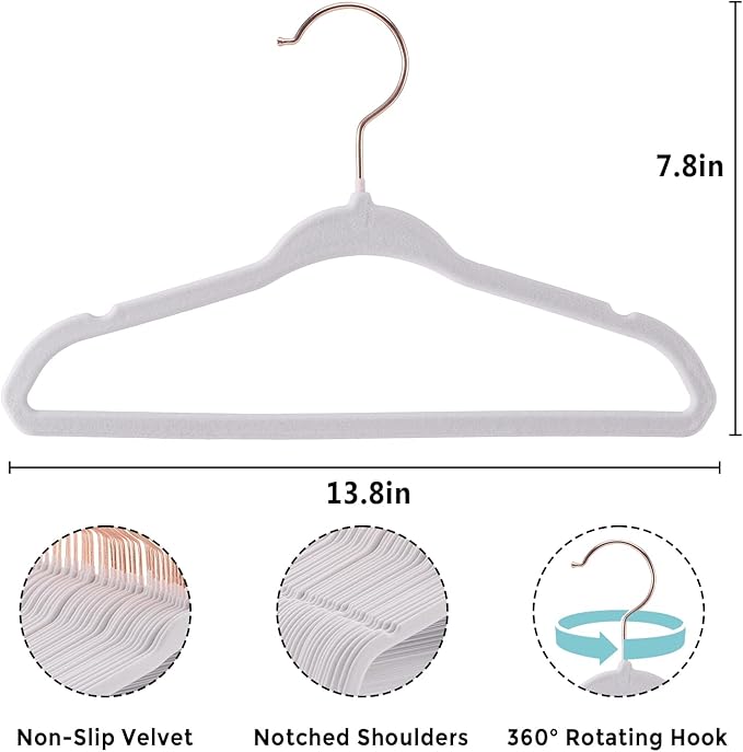 14 Inch Velvet Kids Hangers -50 Pack Durable & Non-Slip Closet Organizers for Big Kids & School-Age Children, 0.2" Ultra Slim Space-Saving Design with 10 Hanger Clips - White