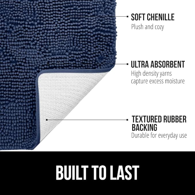 GORILLA GRIP Plush Absorbent Shaggy Chenille Bath Rug Mat for Square Toilet Base with Rubber Backing, Machine Washable Rugs, Soft Microfiber Contour Mats for Toilets, Bathroom Decor, Navy