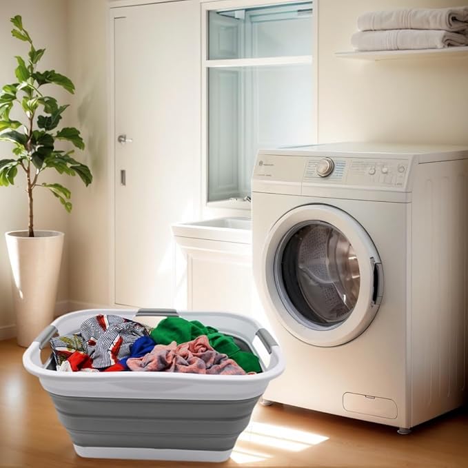 SAMMART 30L (8 gallon) Collapsible Plastic Laundry Basket - Foldable Pop Up Storage Container/Organizer - Space Saving Hamper/Basket - Water Capacity 24L(6.3 gallon) (1, White/Grey)