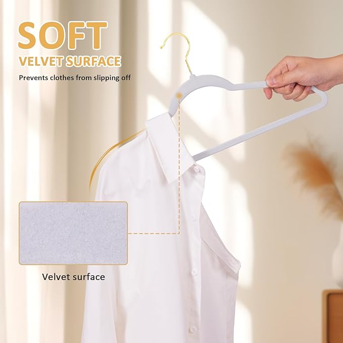 Velvet Hangers, Set of 60 Pack Clothes Hanger with 360° Swivel Gold Hook, Non-Slip, and Space-Saving, 0.2-Inch Thick, 17.7-Inch Long for Suit, Coat, Shirt, Dress, Pants - White