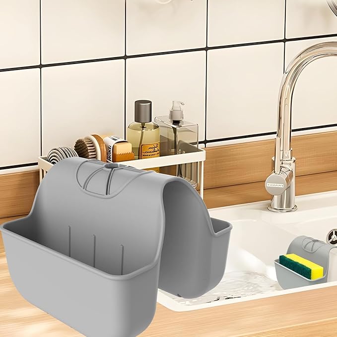 1Pc Sponge Holder for Kitchen Sink, Silicone Saddle Caddy Organizer Rack, Sponges Holder Over Faucet, Hanging Kitchen Sink Organizer Accessories Rack Basket-（Grey）