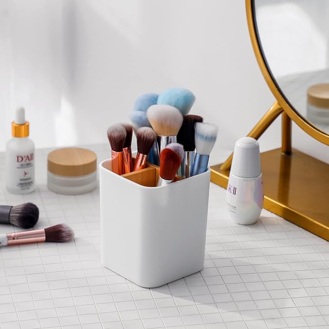 Bamboo Toothbrush Holder for Bathrooms, 4 Slots Toothbrush and Toothpaste Holder Bathroom Counter Organizer for Electric Toothbrushes, Floss, Razors - White