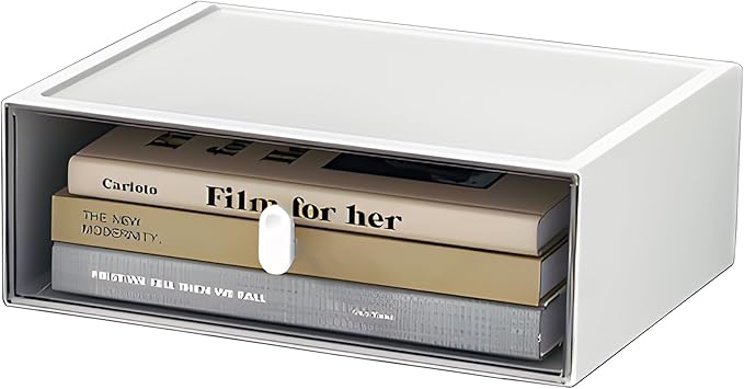 Desktop Storage Drawers, Plastic Desk Organizer with 1 Large Drawer, Modular Stackable Toolbox Units for Office Stationary, Makeup Container, Bathroom Countertop (1 Tall Layer, White & Clear)