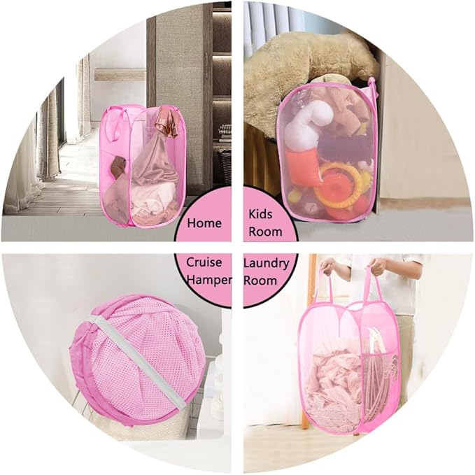 Portable Mesh Pop Up Laundry Hamper Pink Vertical Collapsible Laundry Basket With Strong Handles for Easy Storage, Suitable for Bedroom, College Dorms, Travel, RV
