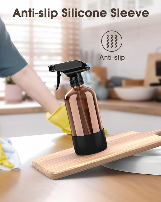 Glass Spray Bottle with Silicone Sleeve Protection, Amber Glass Spray Bottle Set for Window Cleaner Aromatherapy Facial Hydration Watering Flowers Hair Care 2 Pack/16 oz (Black & Blue, 16 oz)