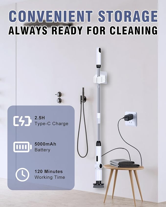Homtronics Electric Spin Scrubber, [IPX8 Waterproof ] [50KG Torque] Shower Scrubber with 9 Brush Heads, 2 Speed Mode, 4 Adjustable Angles, Electric Brush for Cleaning for Bathroom Floor Tile