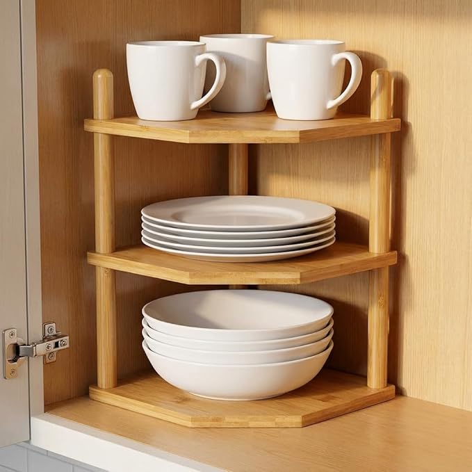 2-Packs 3-Tier Expandable Bamboo Corner Shelf - Dish/Plate Organizer for Cabinet, Kitchen Counter Shelf & Small Kitchen Shelf, Adjustable (2, 3Tier-6.7" H)