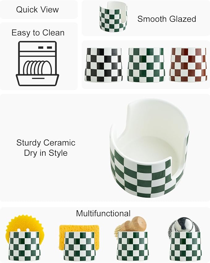 Ceramic Kitchen Sponge Holder, Dish Sponge Holder Suitable for Scrubby Farmhouse Dish Rack Brush Holder for Christmas Bathroom, Kitchen, Sink, Green and White