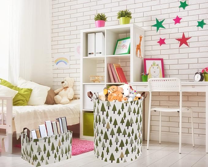 Rectangular Canvas Storage Bins,Waterproof Storage Basket,Collapsible Tree Organizer Bin with Handles for Clothes Storage,Book Bag (Tree)