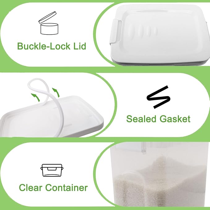 Tight-Lock Rice Container 10-15 Lbs - Airtight Flour Container with Scoop - Food-Grade Plastic Food Storage Container for Cereal, Sugar - Dry Food Dispenser for Kitchen, Pantry Organizers and Storage