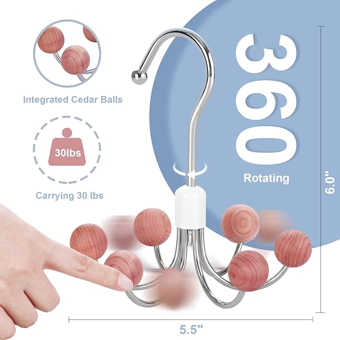 TOPIA HANGER Hoodie Hangers 4-Pack with 6 Cedar Balls, 360°Swivel Purse Hanger, Scarf Hanger, Closet Hooks, Handbag Organizer, Bra Hanger, Accessory Organizers for Scarf, Tanktop, Hat, Hoodie CT57C