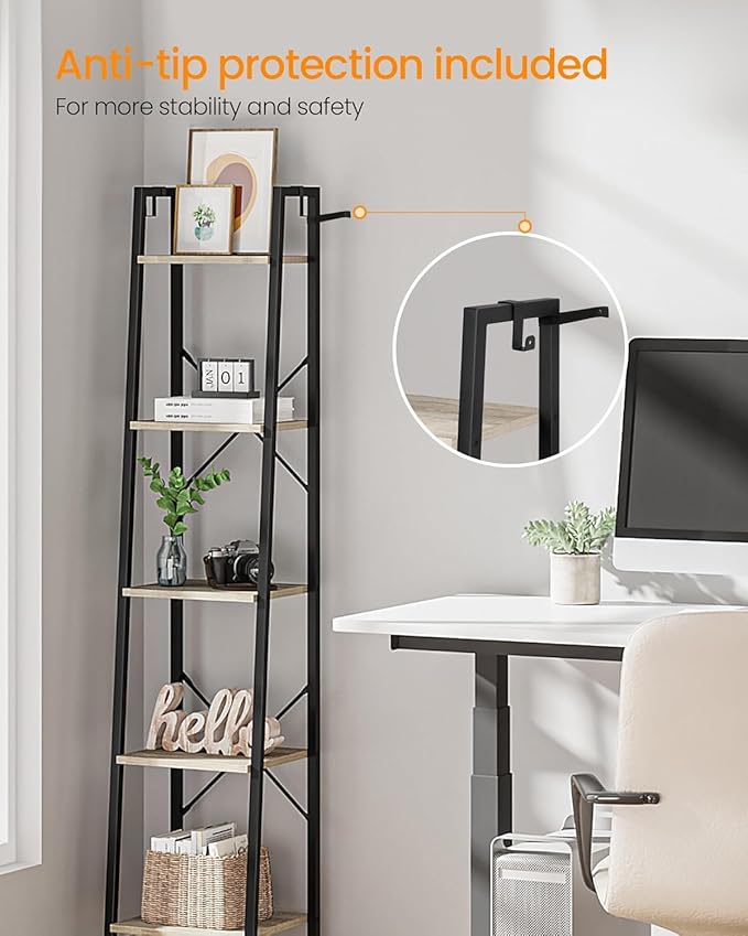 Ladder Shelf, Bookshelf Bookcase, Freestanding Corner Storage Shelve with 2 Hooks for Home Office, Living Room, Kitchen, Bedroom, Industrial, 11.8" D x 13.4" W x 63" H, Greige BC03205B