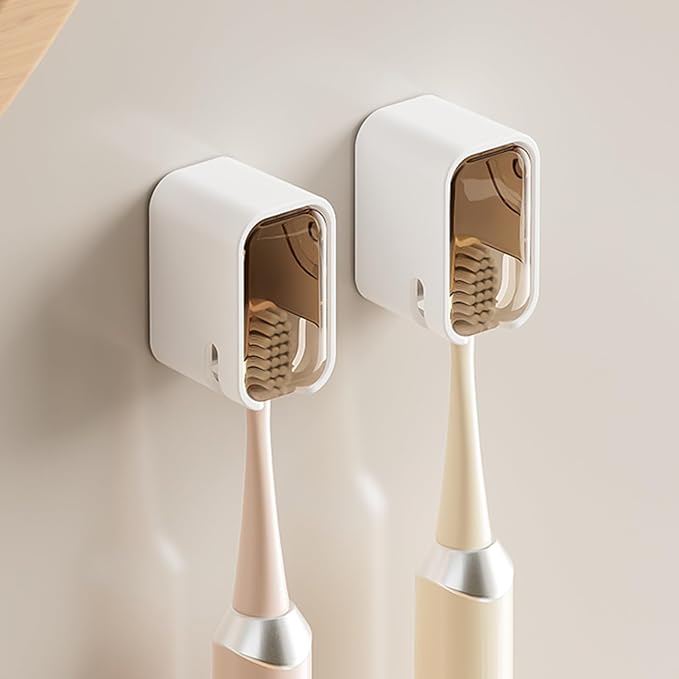 Wall Mounted Toothbrush Holders for Bathroom, 2 Pcs Strong Self Adhesive Tooth Brush Holder with Cover, Toothbrush Heads Organizer for Family, Brown