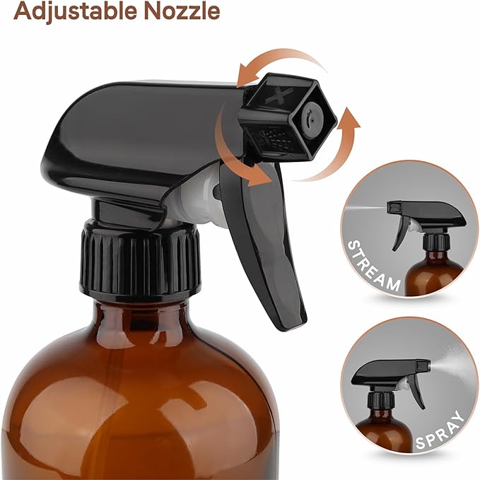 GLING 16 oz 2 Pack Amber Glass Spray Bottles, Refillable Empty Dark Glass Spray Bottle Great for Cleaning Solutions, Essential Oils, Hair, and Plants, Adjustable Nozzle for squirting and Mist