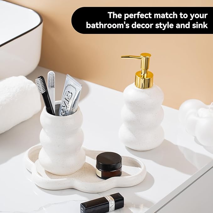 3-Piece Ceramic Bathroom Accessories Set with Sand Point Glaze Design - Tray, Lotion Dispenser, and Tumbler - Bring Nature to Your Bath