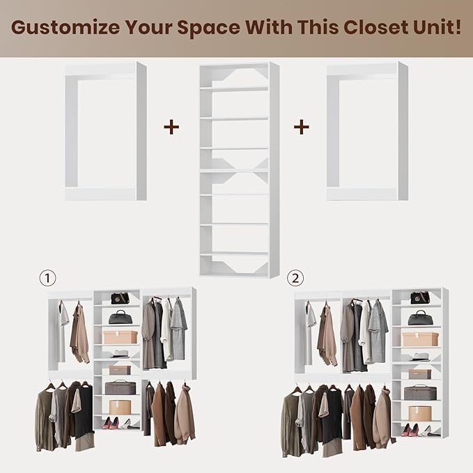 ROOMTEC Modular Closet System, 78" Wall-Mounted Closet Organizer with Hanging Rods and Shelves, Wooden Tower for Walk-In Closets, Wardrobe Storage Kit, White