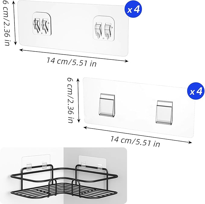 CIATBYYJ 8Pcs Shower Caddy Adhesive Hooks, Clear Strong Shower Adhesive Strips, No Drilling Waterproof Wall Hooks for Corner Showers Caddy, Bathroom Storage Shelves and Kitchen Racks 6×14 CM