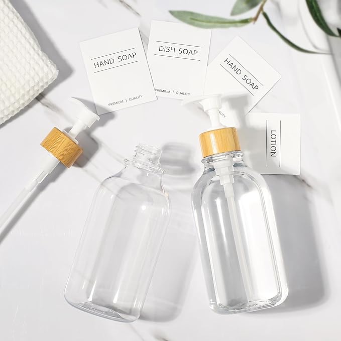 Clear Soap Dispenser, 2 Pack Plastic Dish Soap Dispenser for Kitchen, 17 Fl Oz Bathroom Hand Soap and Lotion Dispensers Set with Bamboo Pump, Refillable Liquid Soap Bottles