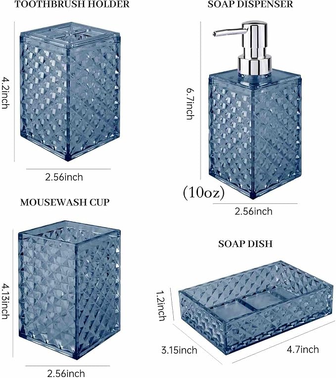 Bathroom Accessory Set, Grid Pattern 4 Pcs Plastic Bathroom Set Include Soap Dispenser, Soap Dish, Toothbrush Holder, Mousewash Cup, Modern Bahtroom Décor Set, Space Save for Bathroom(Dark Blue)