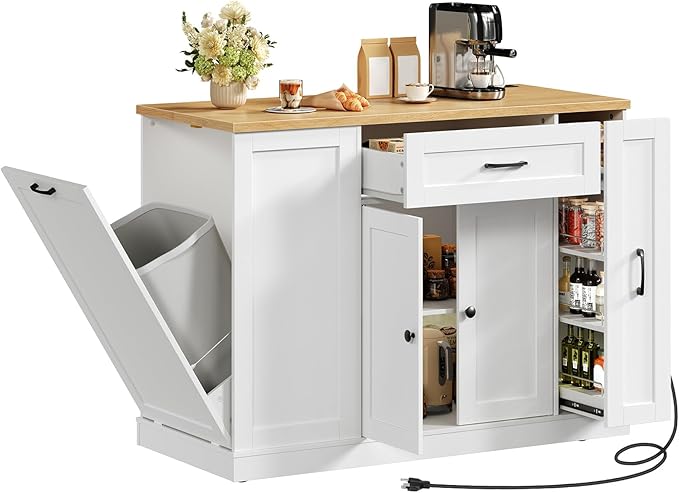 HOOBRO Kitchen Island with Trash Can Storage, Rolling Kitchen Island Cart with & Power Outlet, Island Table with Spice Rack & Drawer, for Kitchen, White and Natural WN20UZD01