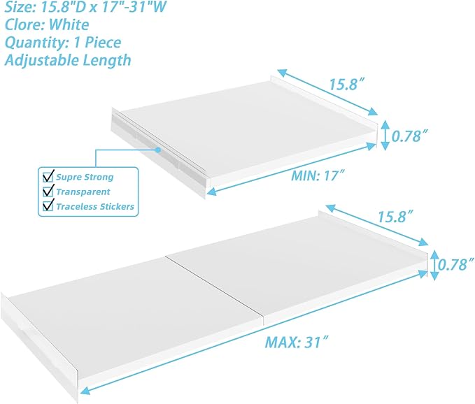 Expandable Closet Organizer Shelves, 1 Pack Adjustable Metal Storage Shelves Divider for Wardrobe Cupboard Kitchen (White,15.8" D x 17"-31" W,1PCS)
