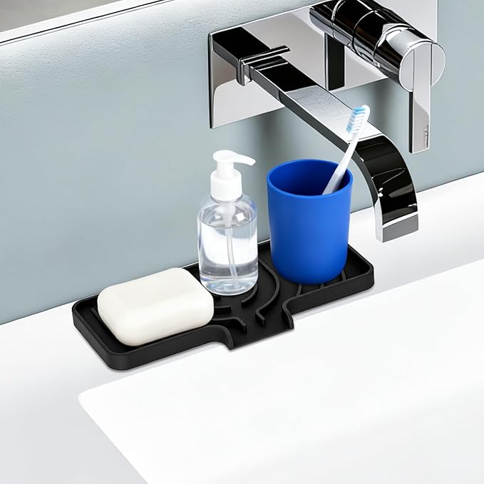 Silicone Sponge Holder for Kitchen Sink With Drain Spout, Self Draining, Kitchen Soap Tray, Bathroom Organizer, Sink Caddy, Perfect for Dispenser, Scrubber, Bottle, Cup on Counter (Black, 10×4)