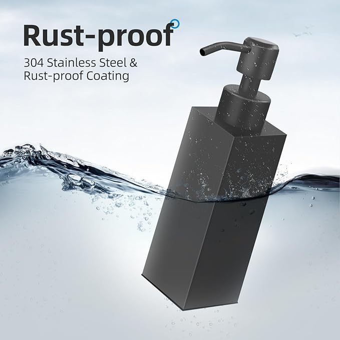 Black Soap Dispenser, Matte Black Stainless Steel, Rust-Proof Liquid Hand Dish Dispenser for Bathroom & Kitchen, 8.5 Oz Refillable Countertop Lotion Bottle (Square)