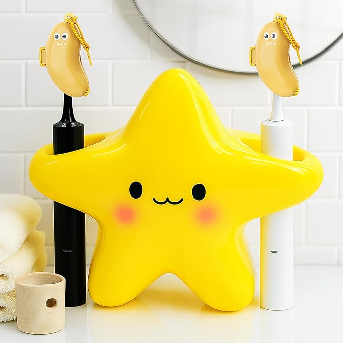 Toothbrush Holder Set for Bathroom - Cute Toothpaste Stand with 2 Tooth Brush Head Cover Cap Travel Case - Bathroom Decor Organizer Countertop Accessories Storage
