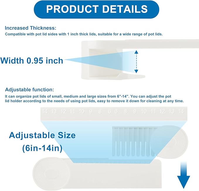 4-piece pot lid rack, pot lid storage container suitable for lids ranging from 6 inches to 14 inches, adhesive wall mounted pot lid storage, suitable for kitchen cabinets and cabinet doors (White)