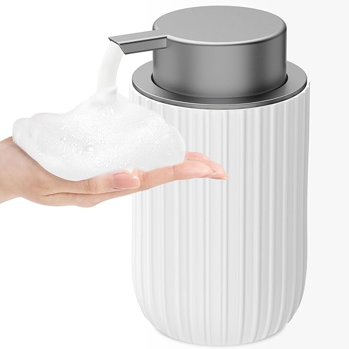 Ceramic Foaming Soap Dispenser, 12 oz Bathroom Foam Hand Soap Dispenser, Refillable Lotion Soap Dispenser with Removable Pump for Kitchen Hand Wash Dispenser, Modern Home Decor (White)